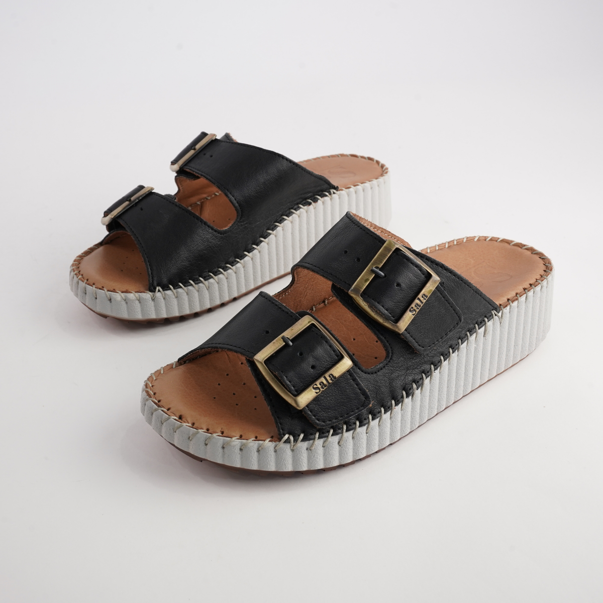 Solena Black Leather Slides