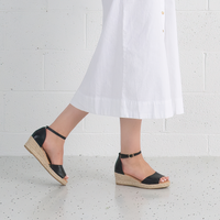 Skip Black Leather Espadrille Wedges