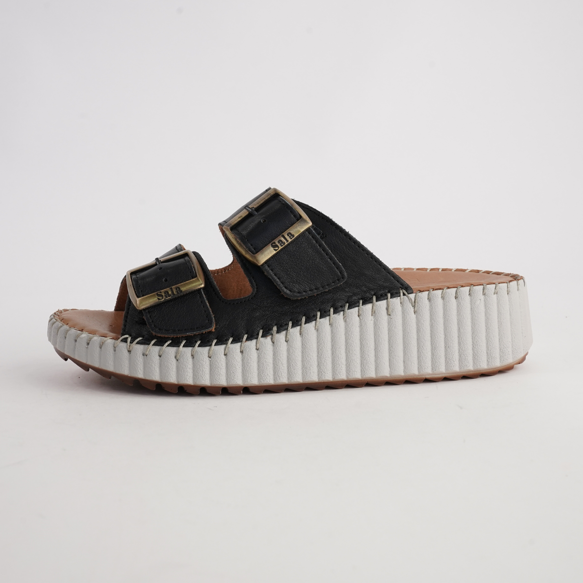 Solena Black Leather Slides - SALA | Shouz