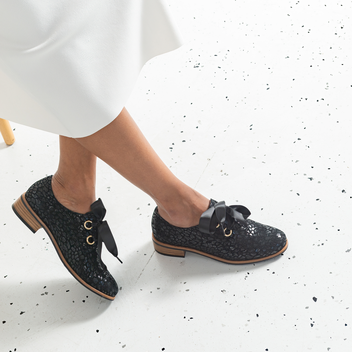 Admin Black Leopard Leather Lace-up Flats