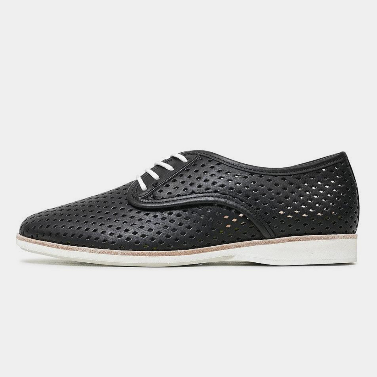 Derby Punch Black Leather Lace Up Flats - ROLLIE | Shouz