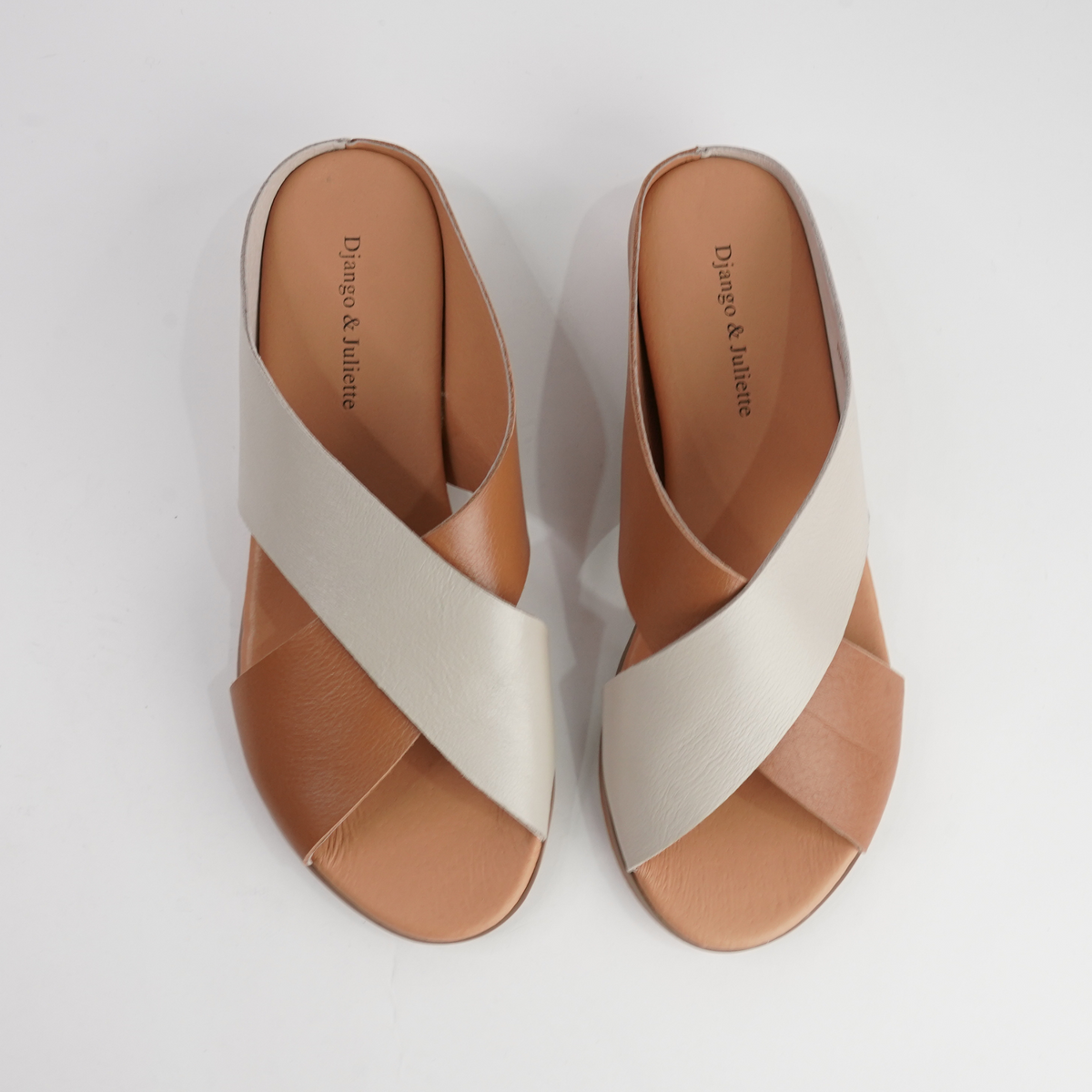 Harli Dark Tan/ Almond Leather Slides - DJANGO AND JULIETTE | Shouz