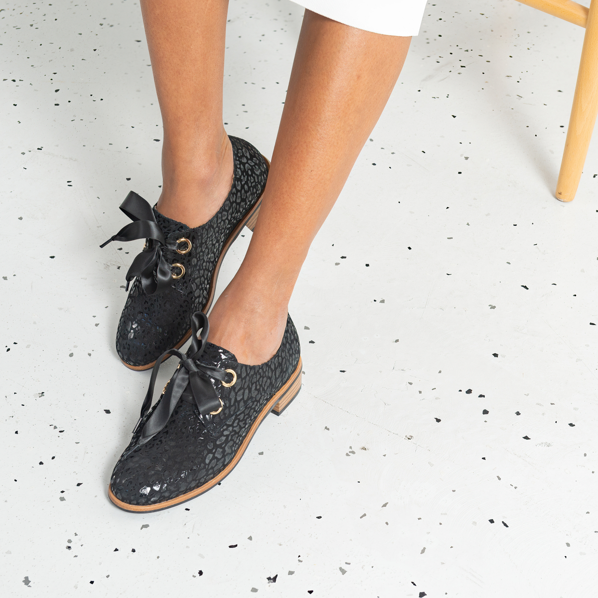 Admin Black Leopard Leather Lace-up Flats