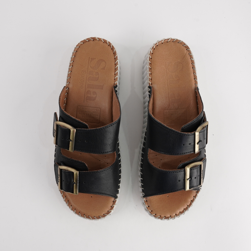 Solena Black Leather Slides