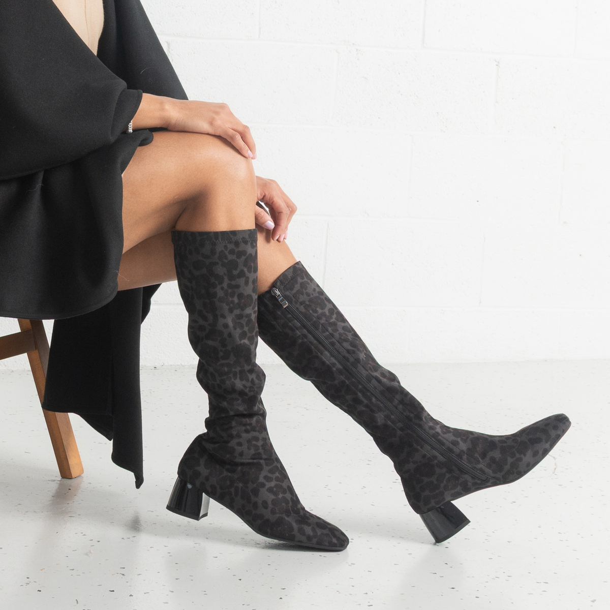 Jinx Charcoal Leopard Knee High Boots - ALFIE AND EVIE | Shouz