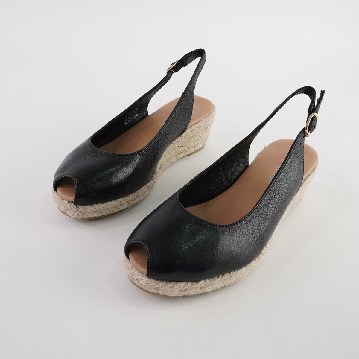 Saniarly Black Leather Espadrille Wedges