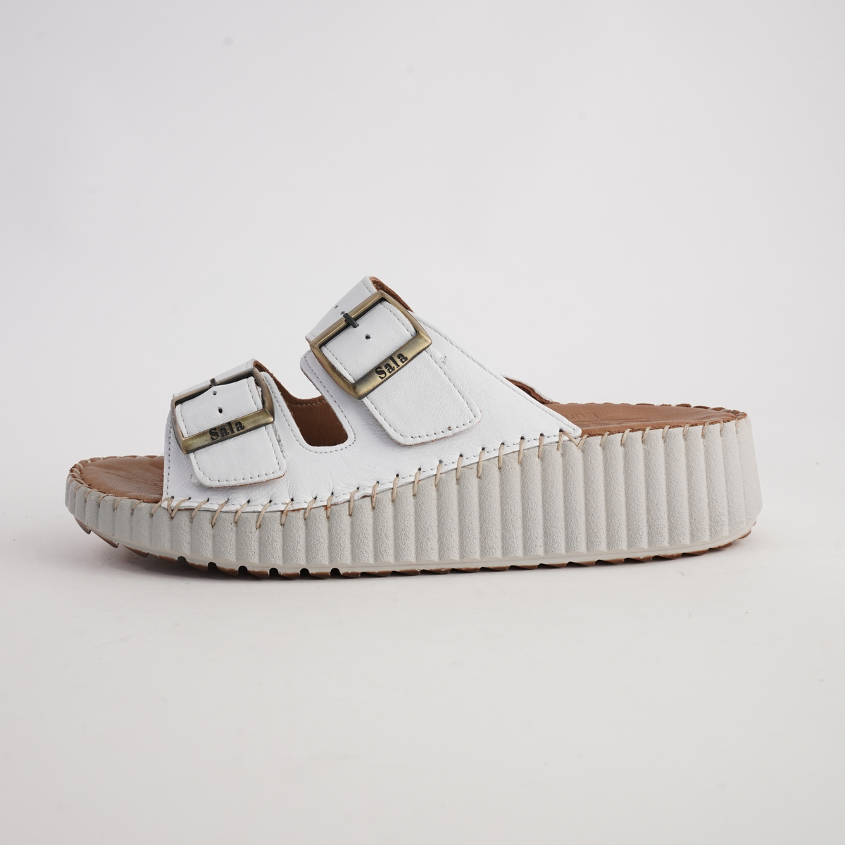 Solena White Leather Slides - SALA | Shouz