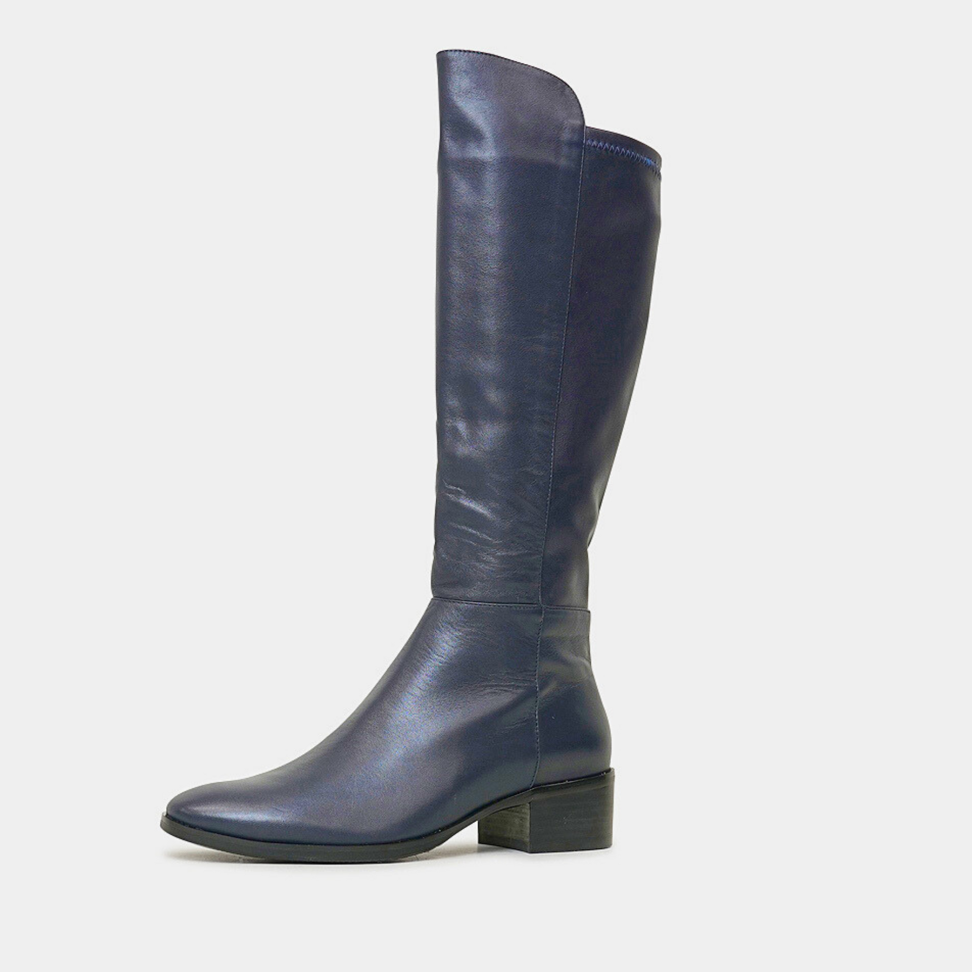 Tetley Navy Leather Stretch Knee High Boots by Django Juliette Shouz