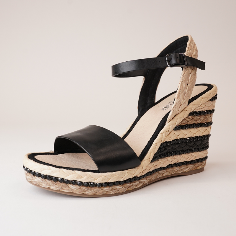 Etroya Black Leather Espadrille Wedges