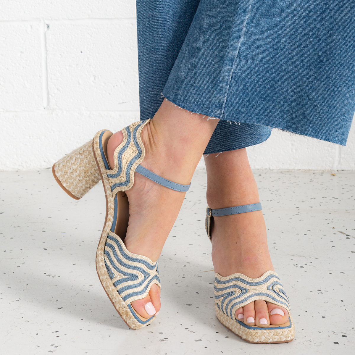 Danae Pale Blue/White Leather Espadrille Heels - GAIMO | Shouz