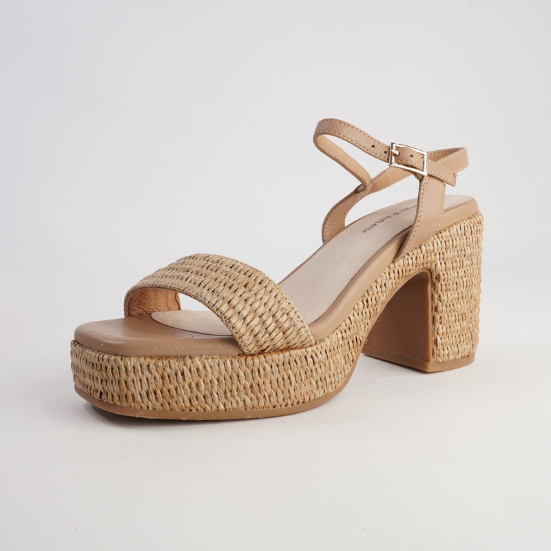 Kondry Natural Raffia/ Camel Leather Heels