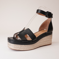 Geegie Black Leather Espadrille Wedges