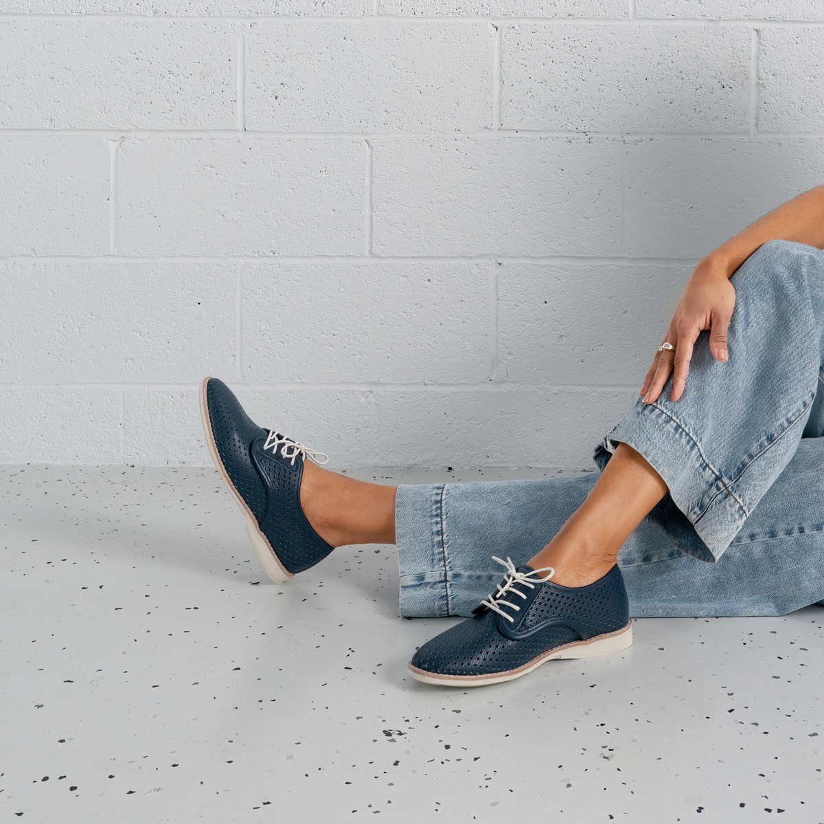 Derby Punch Navy Tumble Lace Up Flats - ROLLIE | Shouz