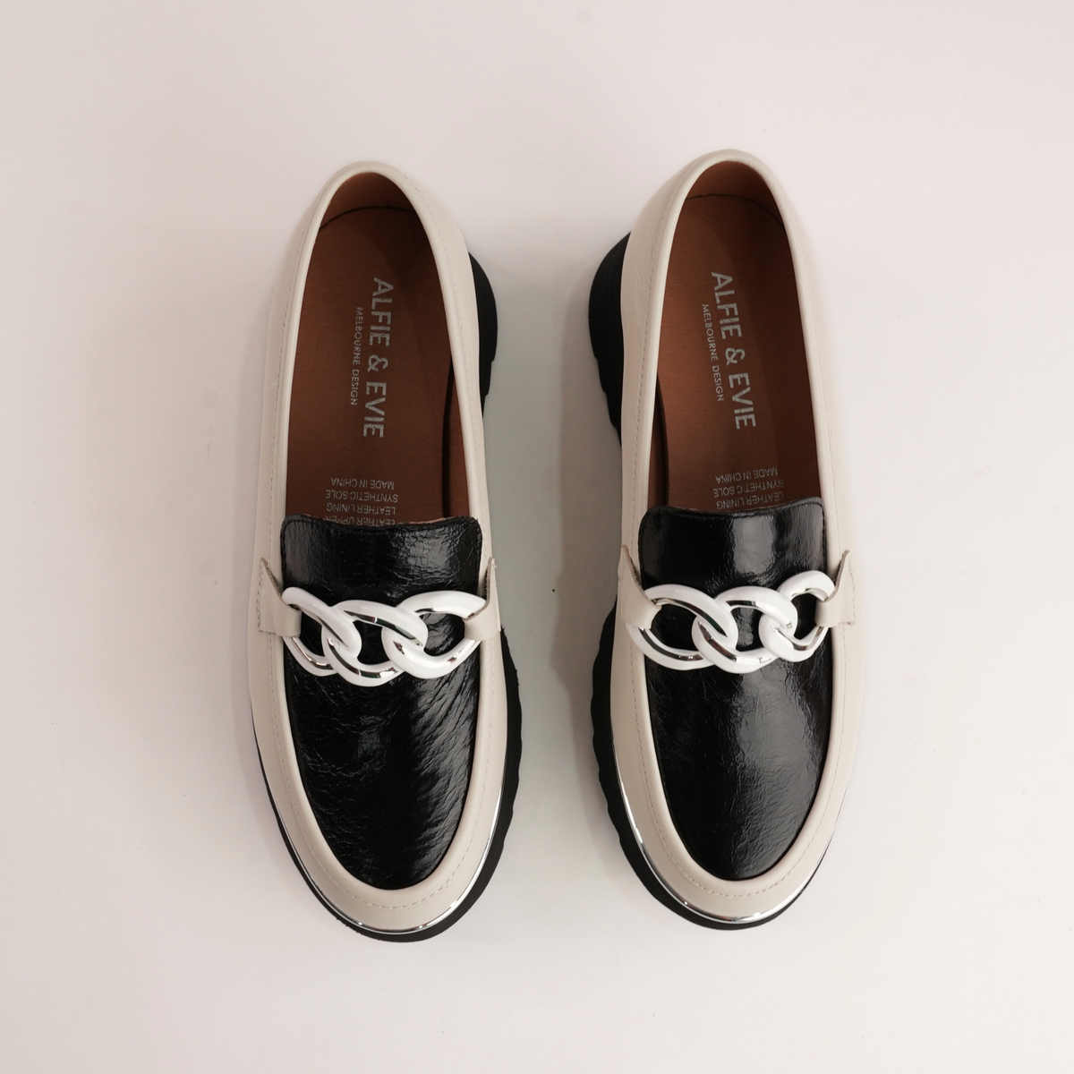 Hitch Cream Leather/ Black Patent Loafers - ALFIE AND EVIE | Shouz