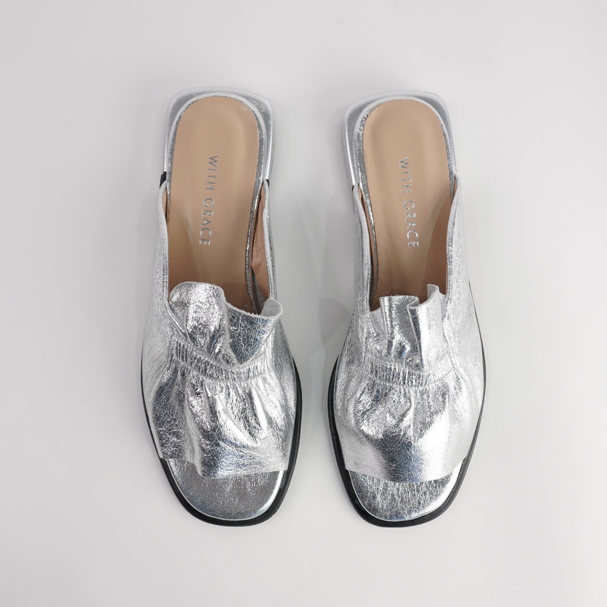 Luna Silver Leather Flats - WITH GRACE | Shouz