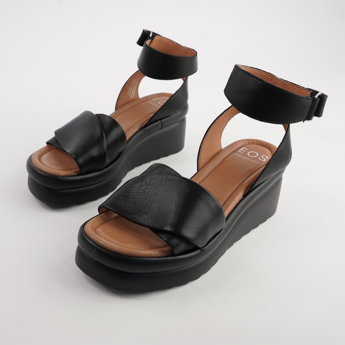 Menta Black Leather Wedges