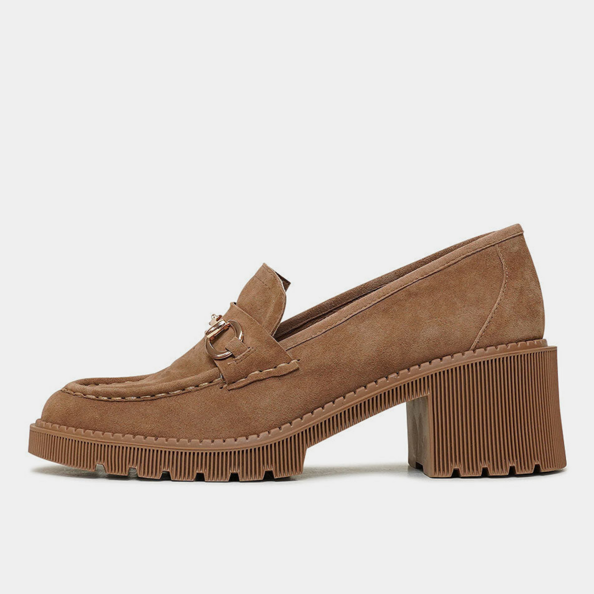Zoey Light Choc Suede Heeled Loafers - DJANGO AND JULIETTE | Shouz