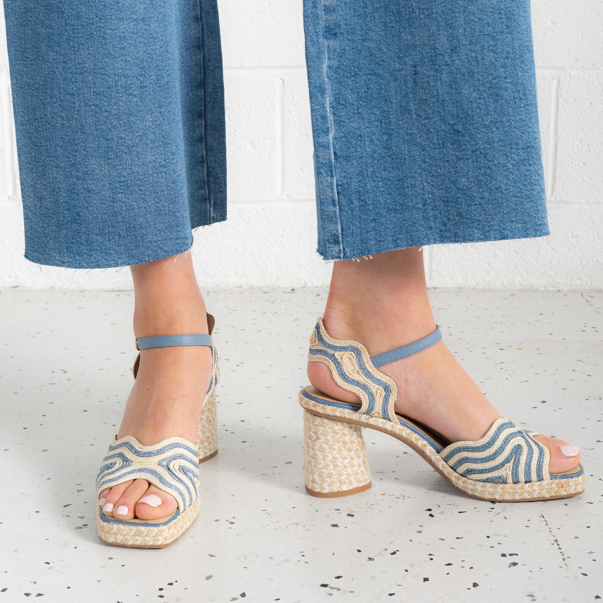 Danae Pale Blue/White Leather Espadrille Heels - GAIMO | Shouz