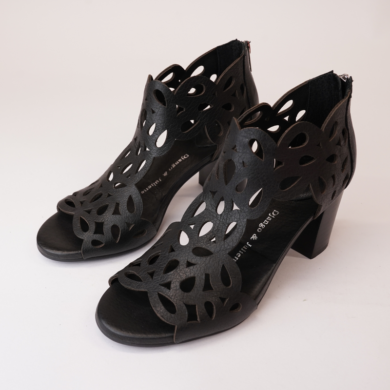 Saroja Black Leather Heels