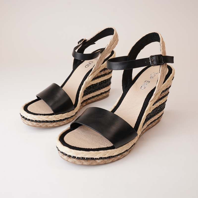 Etroya Black Leather Espadrille Wedges