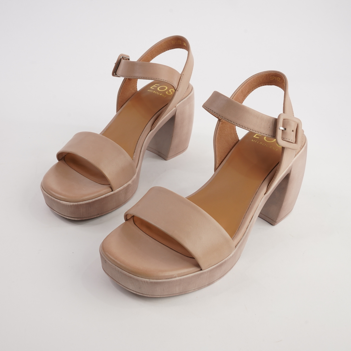 Spice tan leather heels by EOS Footwear, featuring a sleek design and comfortable fit for women's fashion.