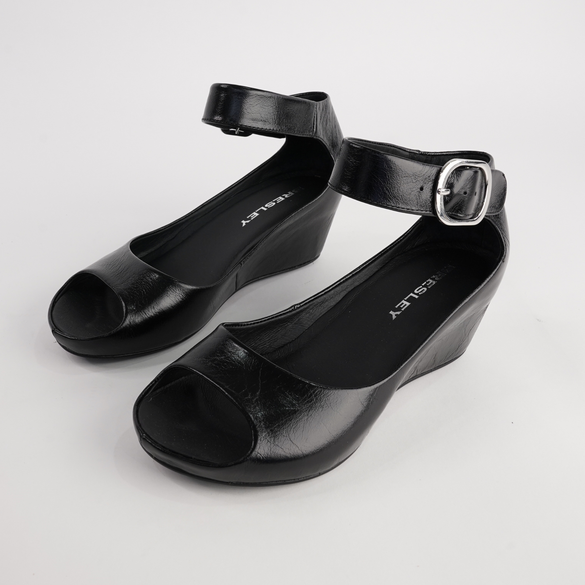 Sangria Black Leather Wedges