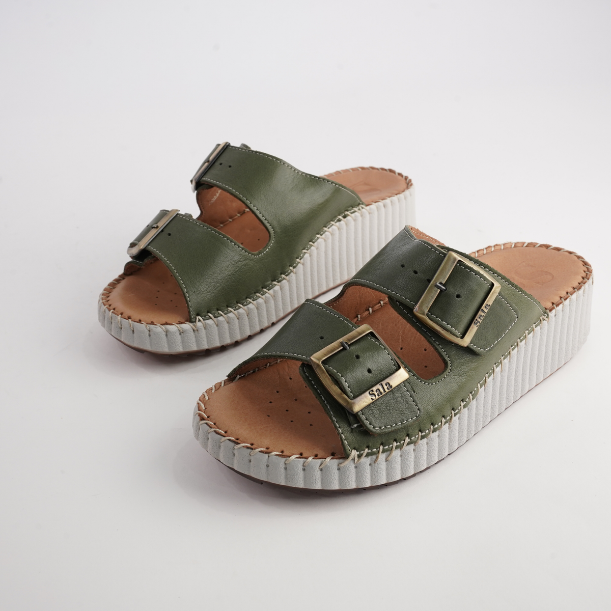 Solena Dark Olive Leather Slides