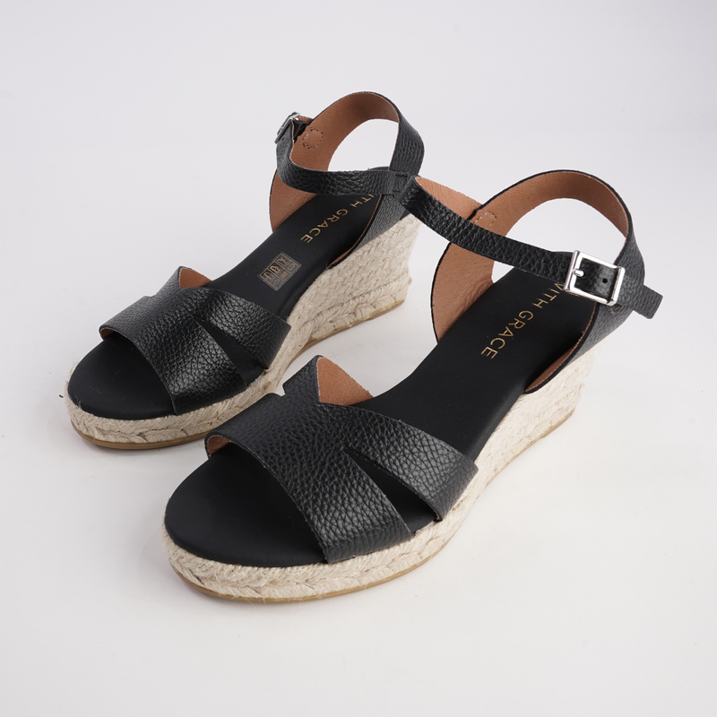 Remi Doya Negro Leather Espadrille Wedges