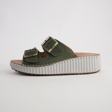 Solena Dark Olive Leather Slides - SALA | Shouz