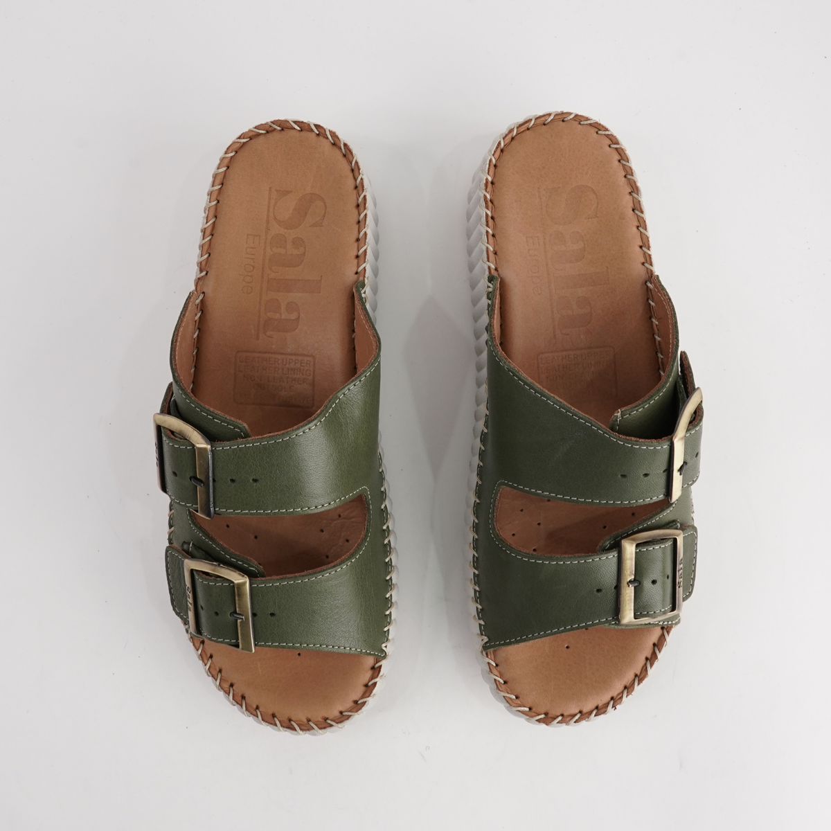 Solena Dark Olive Leather Slides - SALA | Shouz