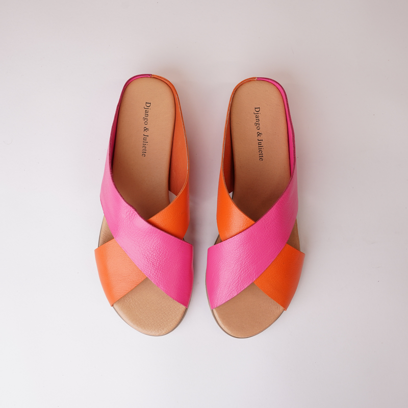 Harli New Orange/ Hot Pink Leather Slides