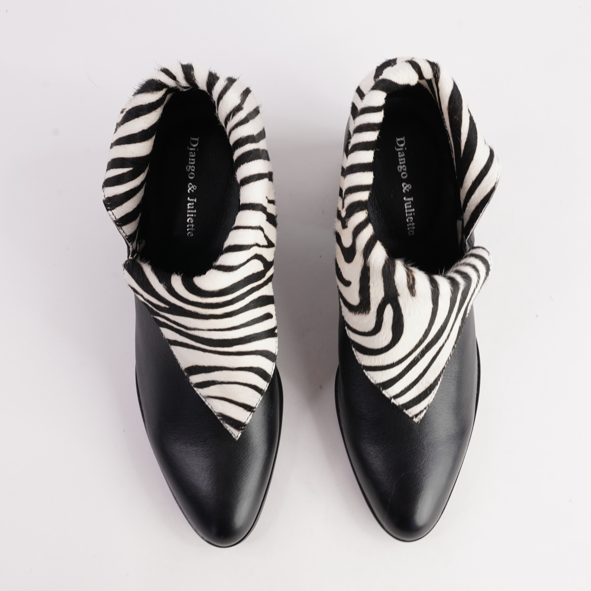Zenon Black Leather/ Black and White Zebra Pony Ankle Boots - DJANGO AND JULIETTE | Shouz