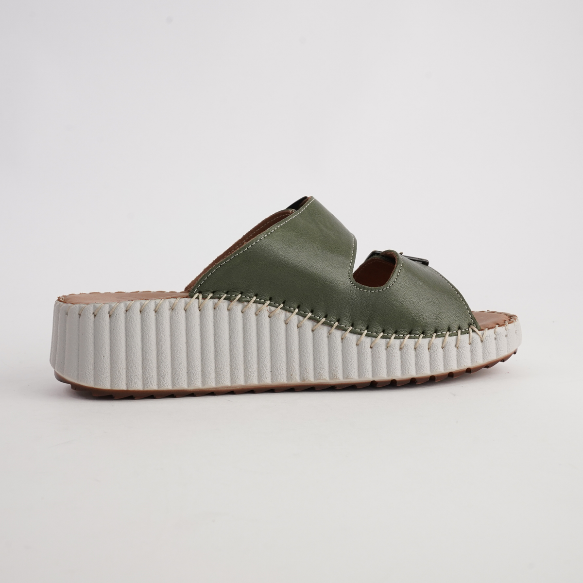 Solena Dark Olive Leather Slides - SALA | Shouz