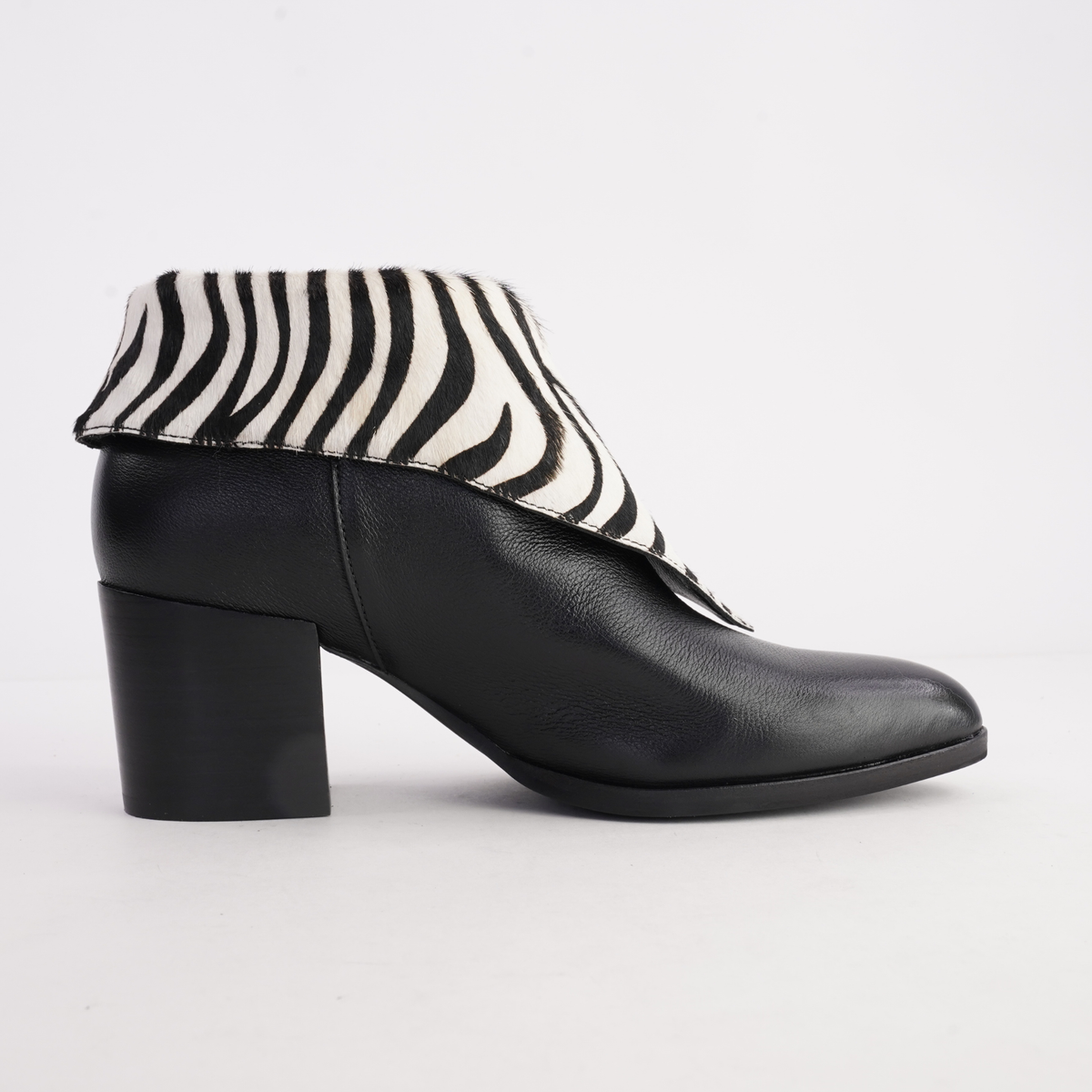 Zenon Black Leather/ Black and White Zebra Pony Ankle Boots - DJANGO AND JULIETTE | Shouz