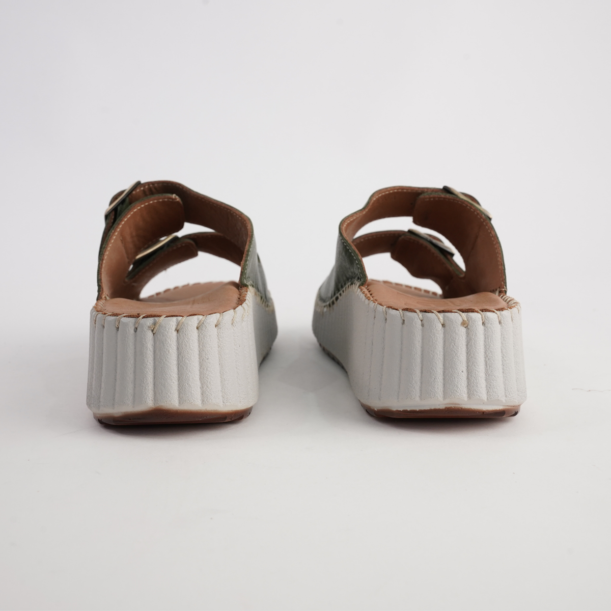 Solena Dark Olive Leather Slides - SALA | Shouz