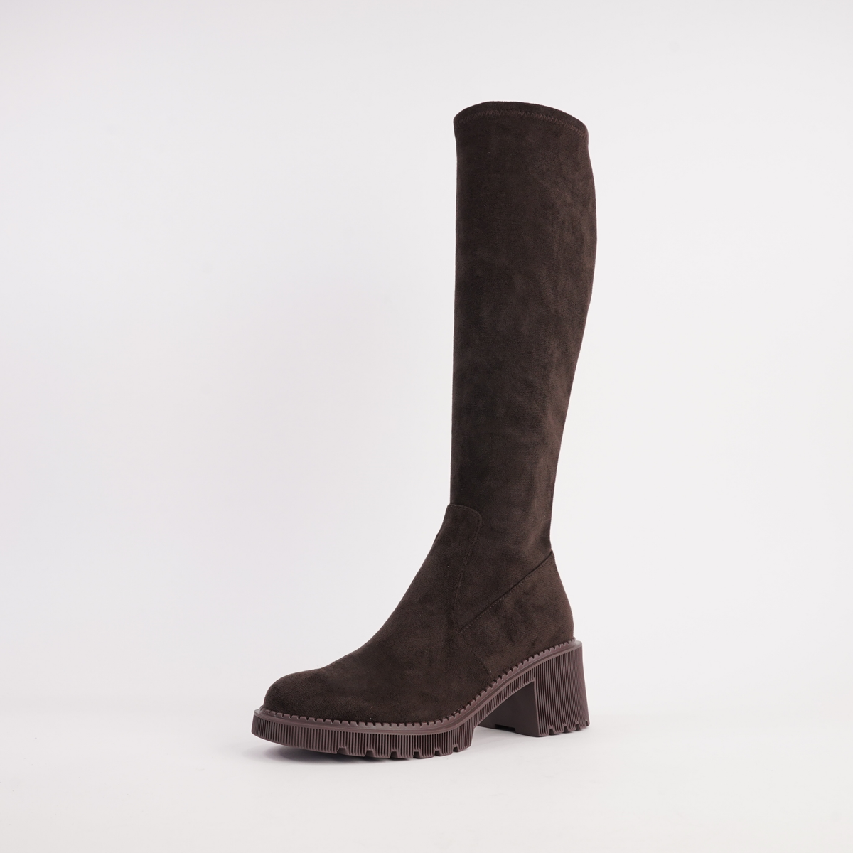 Zina Choc Suede Stretch Knee High Boots - DJANGO AND JULIETTE | Shouz