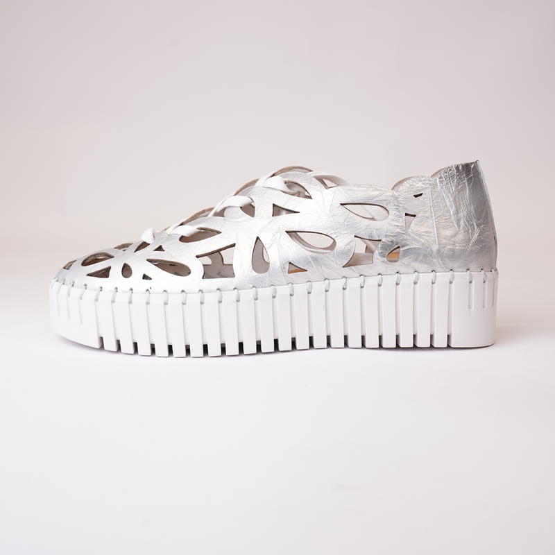 Bello White & Silver Shrunken Leather Sneakers