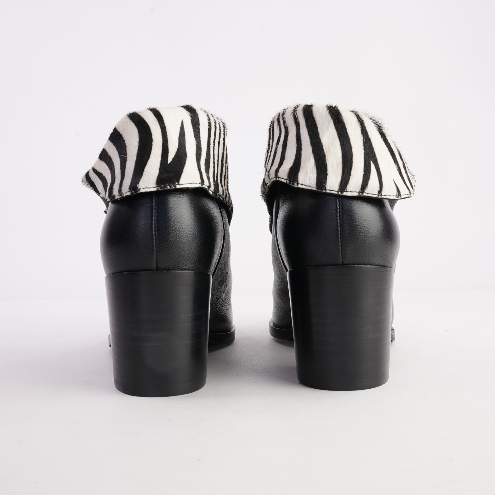Zenon Black Leather/ Black and White Zebra Pony Ankle Boots - DJANGO AND JULIETTE | Shouz