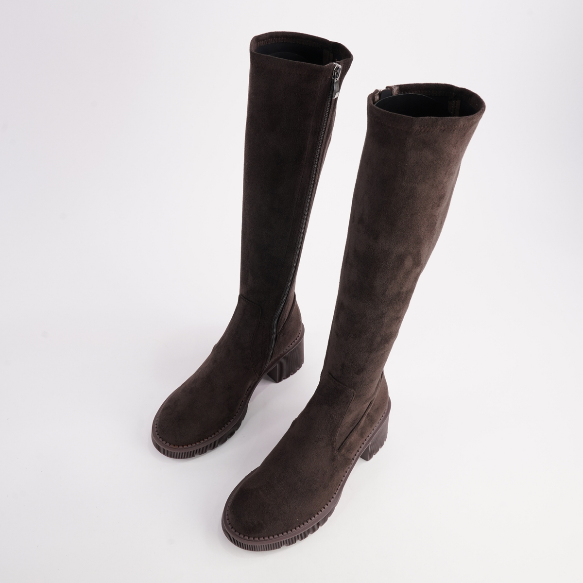 Zina Choc Suede Stretch Knee High Boots - DJANGO AND JULIETTE | Shouz