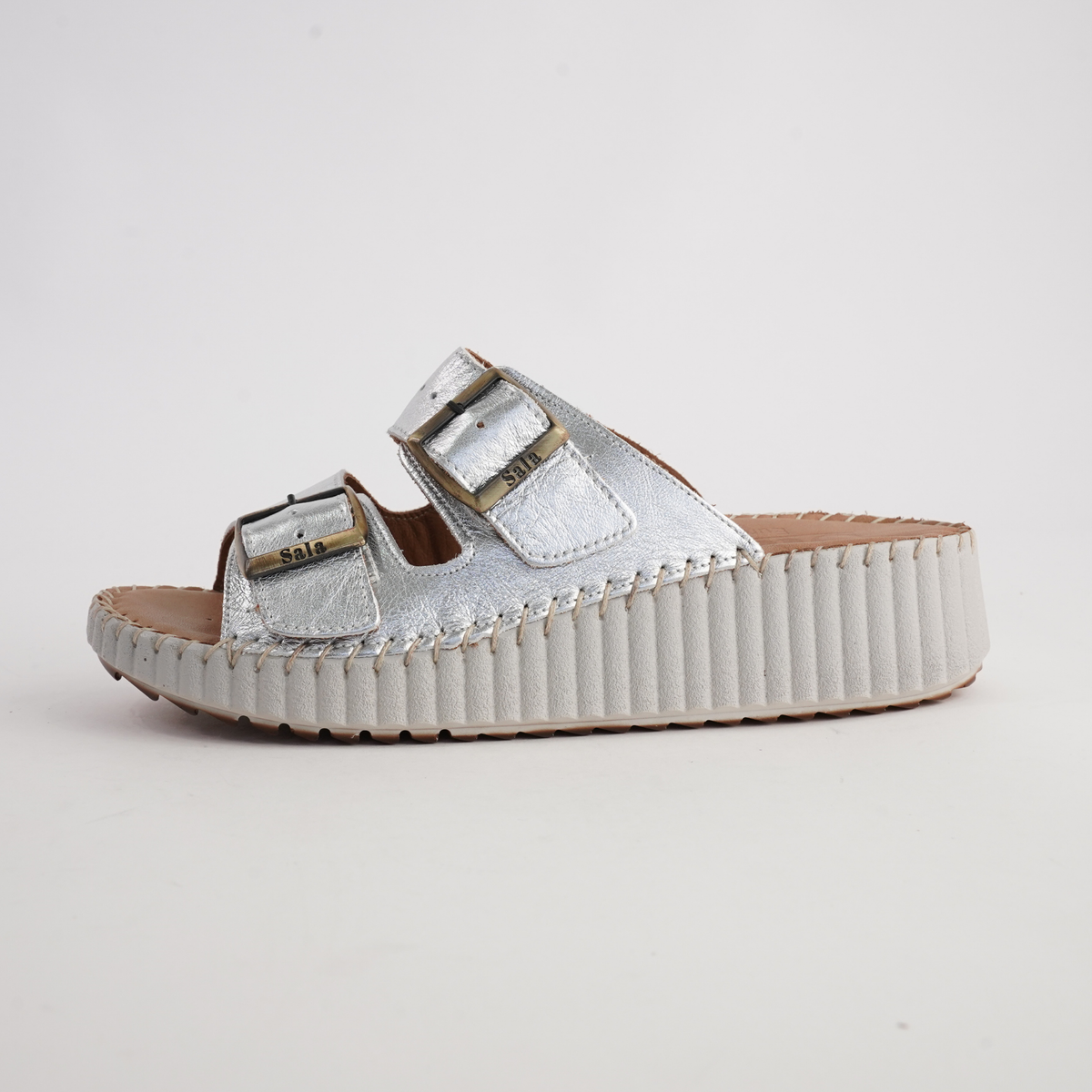 Solena Silver Leather Slides - SALA | Shouz