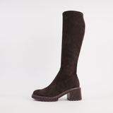 Zina Choc Suede Stretch Knee High Boots - DJANGO AND JULIETTE | Shouz
