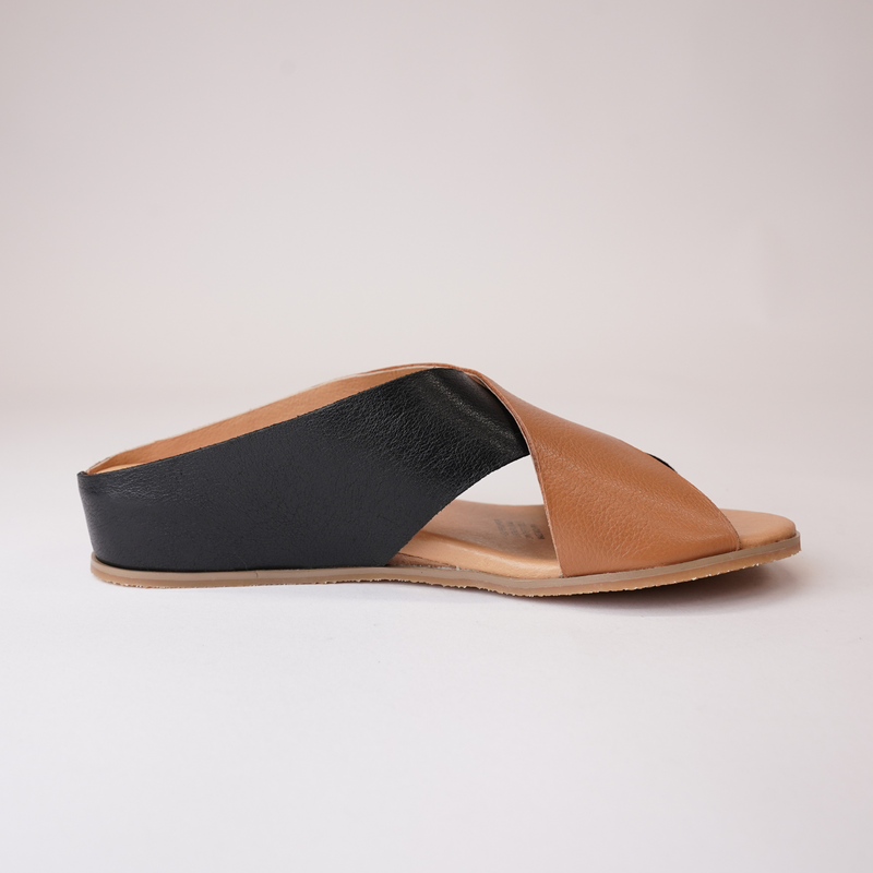 Harli Black/ Dark Tan Leather Slides