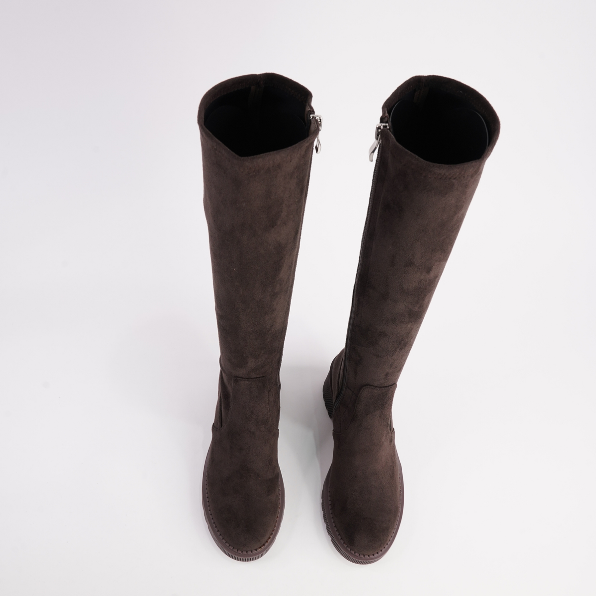 Zina Choc Suede Stretch Knee High Boots - DJANGO AND JULIETTE | Shouz
