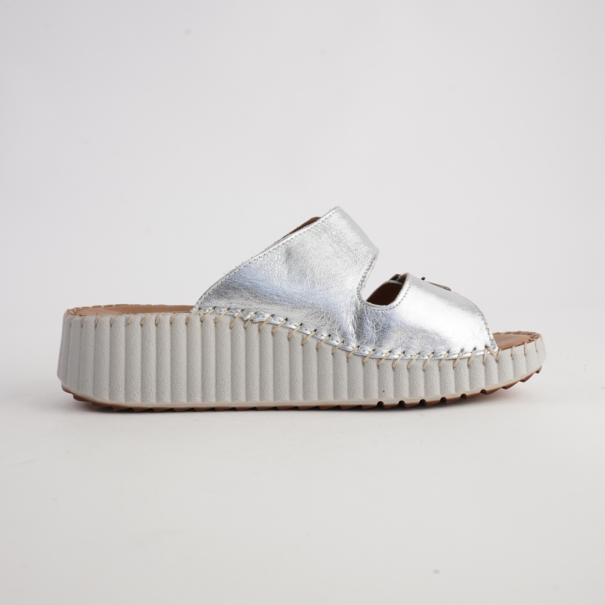Solena Silver Leather Slides - SALA | Shouz