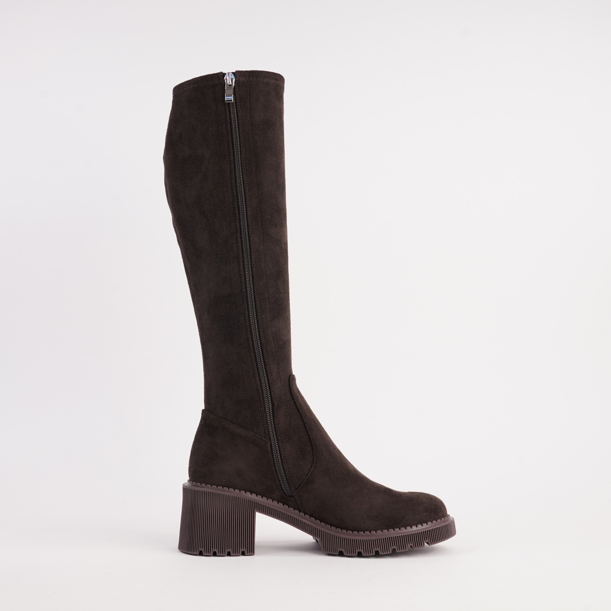 Zina Choc Suede Stretch Knee High Boots - DJANGO AND JULIETTE | Shouz