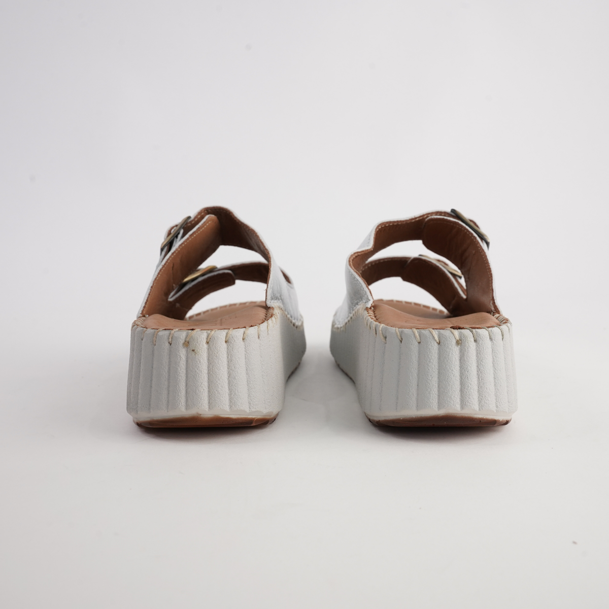 Solena Silver Leather Slides - SALA | Shouz