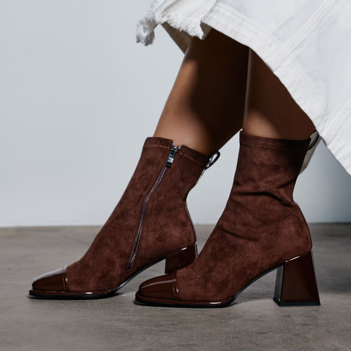 Abolish Cafe Patent/ Cafe Suede Stretch Boots - BRESLEY | Shouz