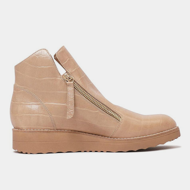 Ohmyes Latte Croc Leather Ankle Boots
