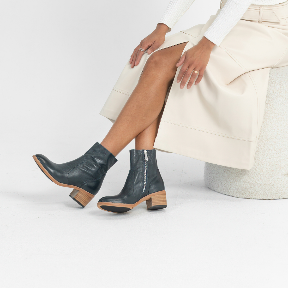 Rarna Navy Leather Ankle Boots
