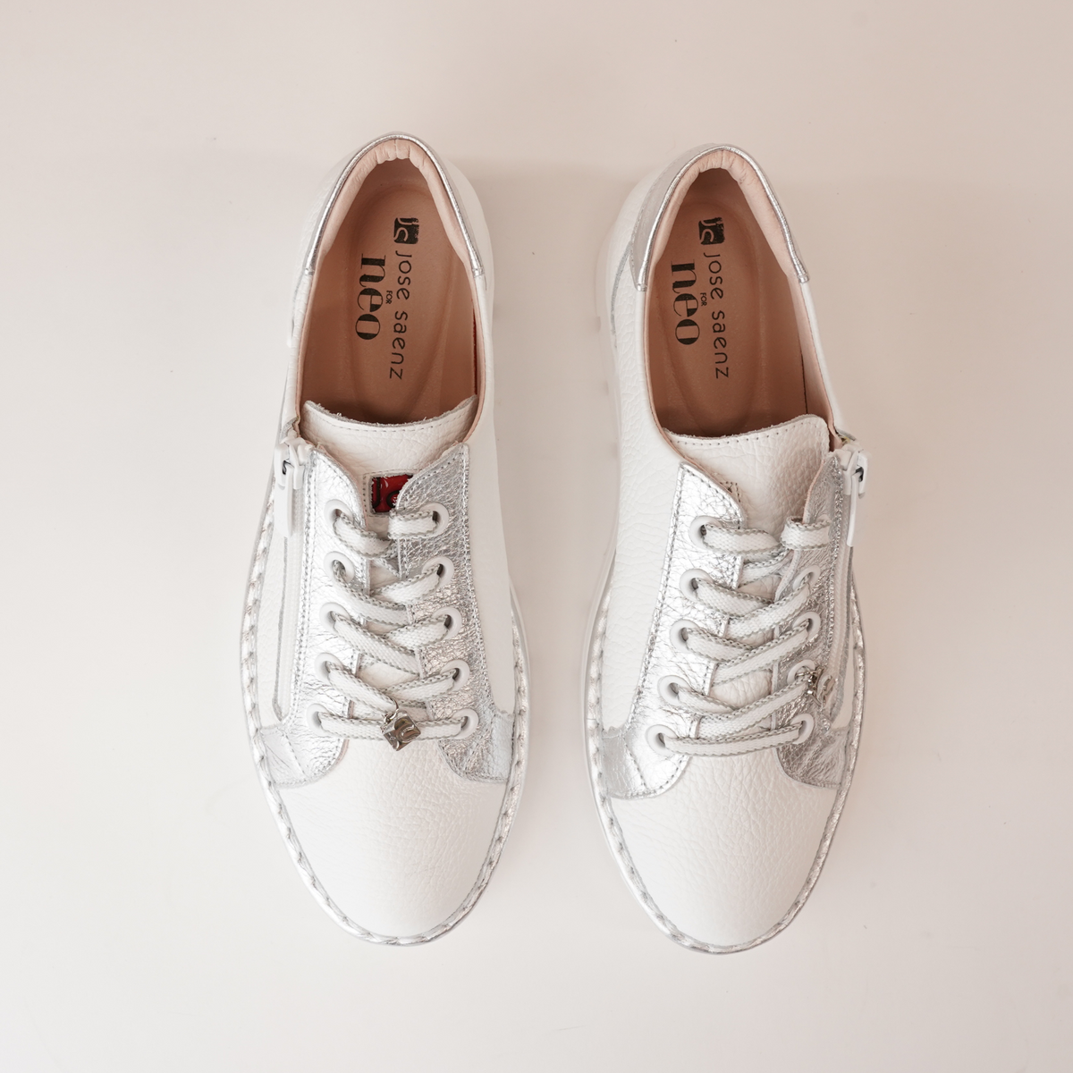 Js-2001 White/ Silver Leather Sneakers - JOSE SAENZ | Shouz